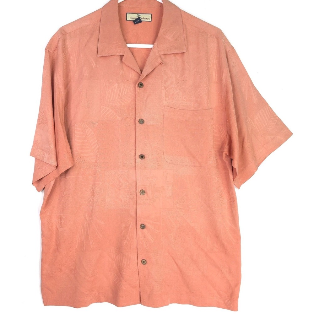 Tommy‎ Bahama Camp Shirt Mens Medium Coral Silk Tropical Floral Hawaiian Aloha